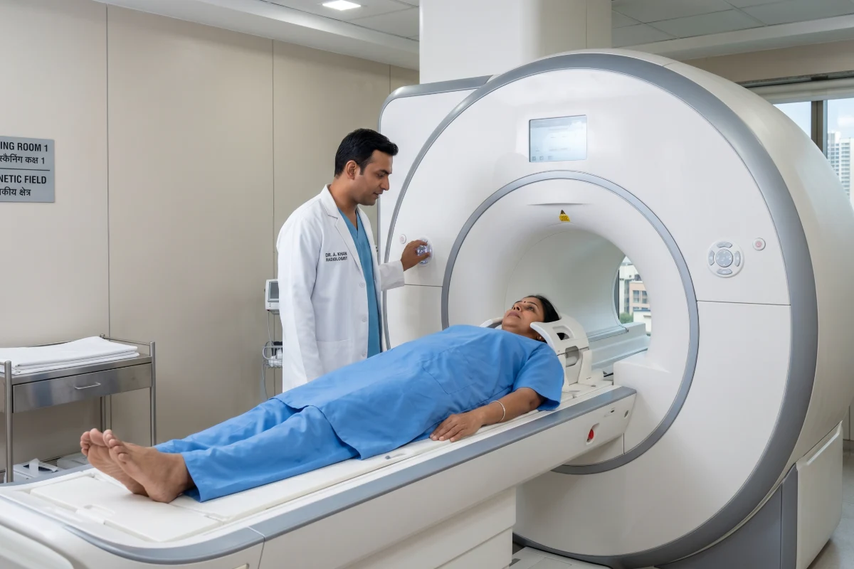Patient undergoing a comfortable MRI Pituitary Brain imaging procedure